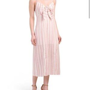 MorrisDay The Label L Pink Striped Midi Dress Spaghetti Strap Keyhole Tie Bust